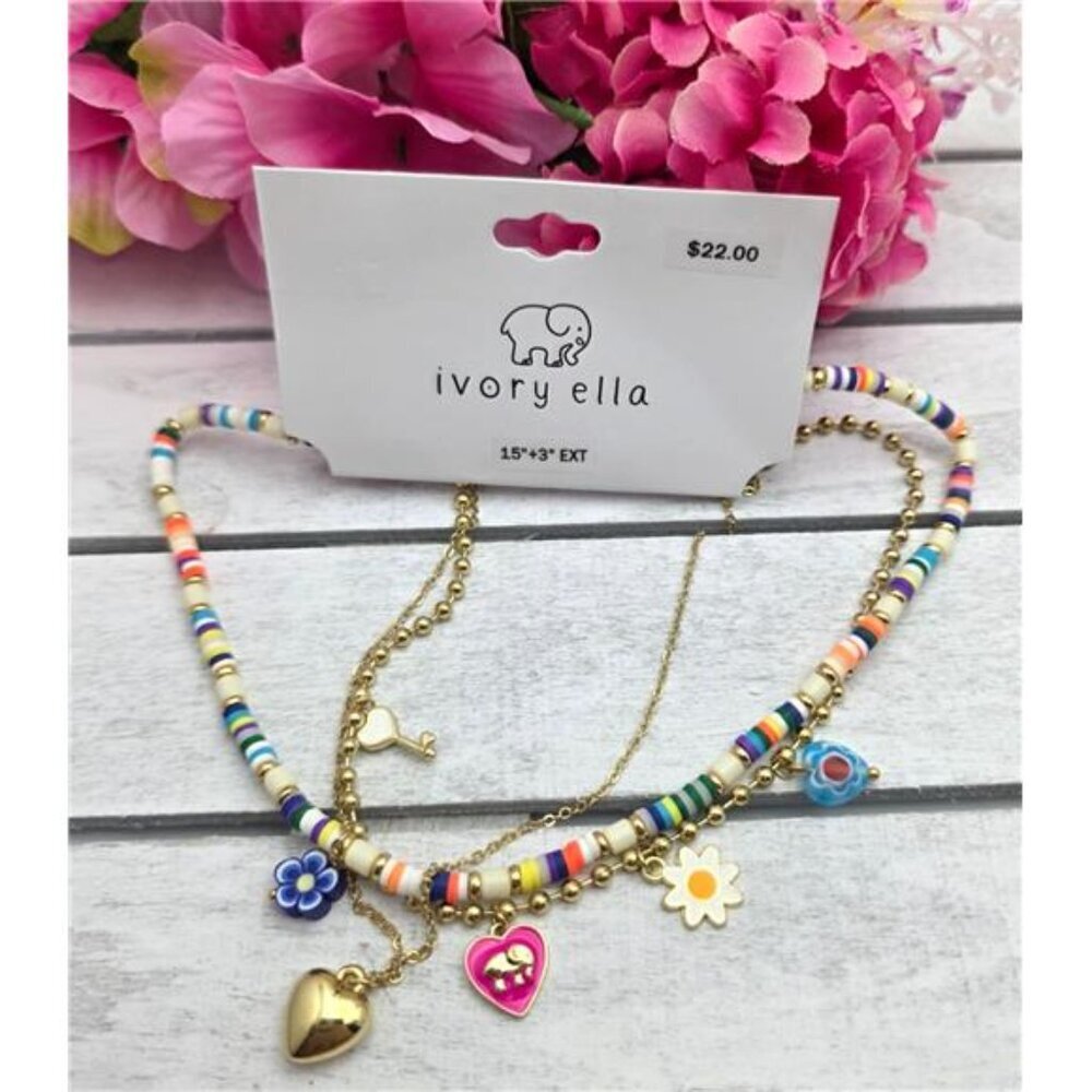 Ivory Ella 3 Necklace Set With Flower Key Heart Enamel Charms Heishi Beads 18"